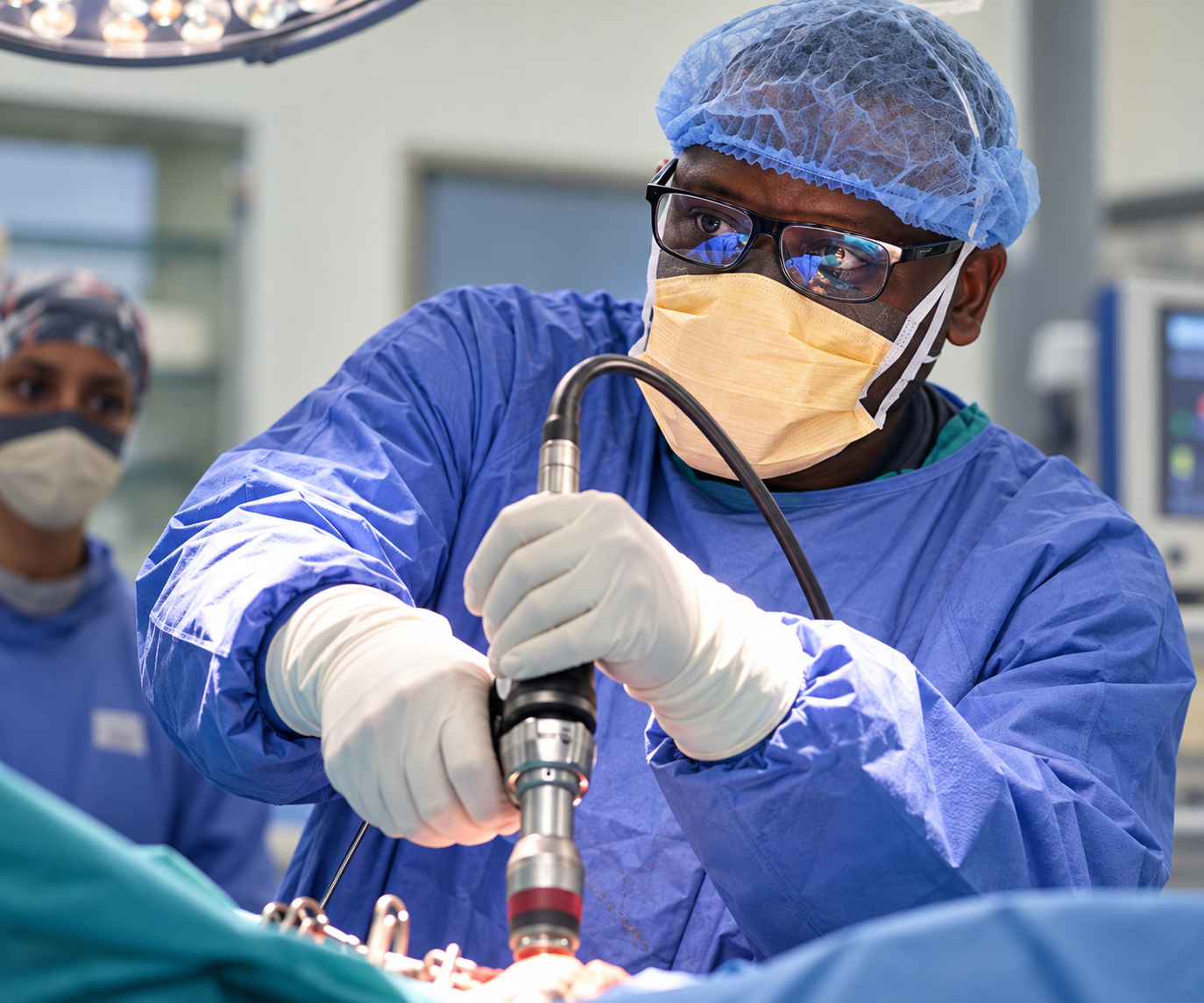 Dr Muserere performing robotic knee surgery in theatre