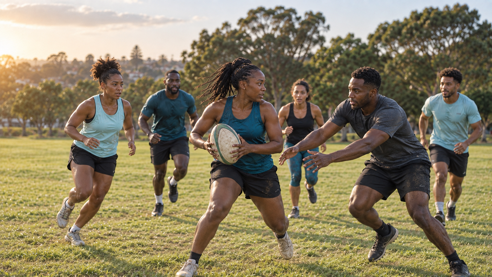 Young athletes playing rugby outdoors — staying active after orthopaedic care